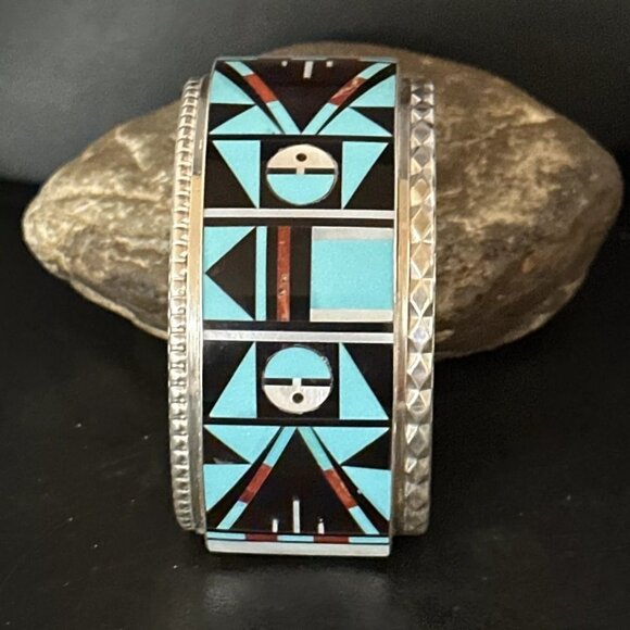Zuni Turquoise Inlay Sterling Silver Cuff Bracelet Native Indian Handmade - Picture 5 of 10